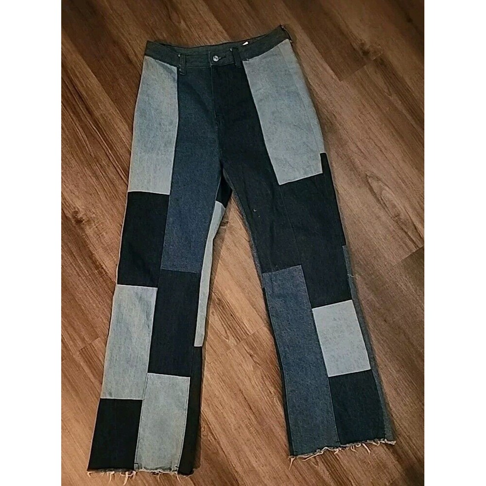 Womens Jeans Patchwork Boho 29x30 straight block color denim Wide-Leg